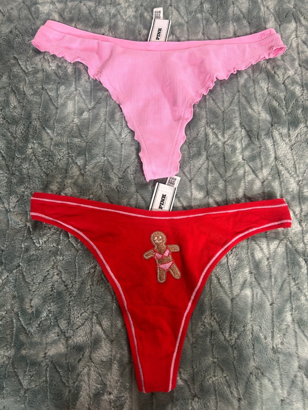PINK Victoria's Secret Pink Ribbed & Red Gingerbread Thong String Set